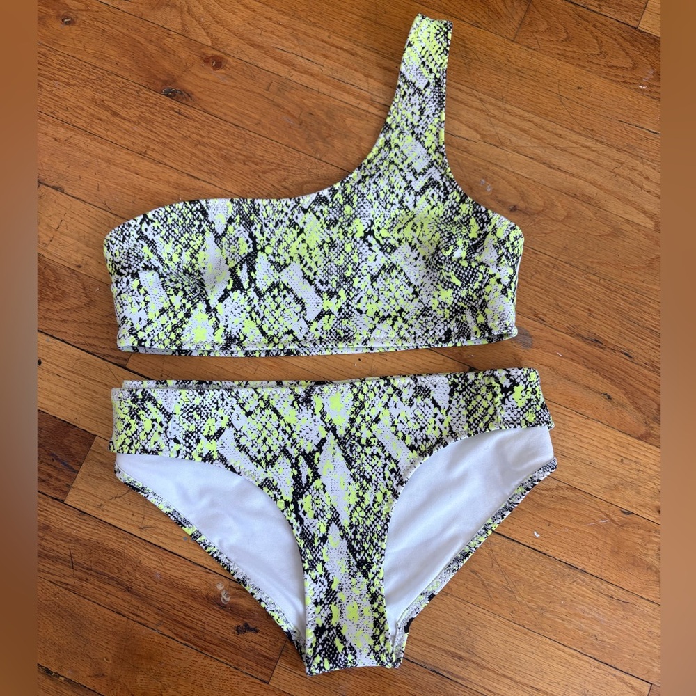 H & M one shoulder neon Snake Print Bikini Set